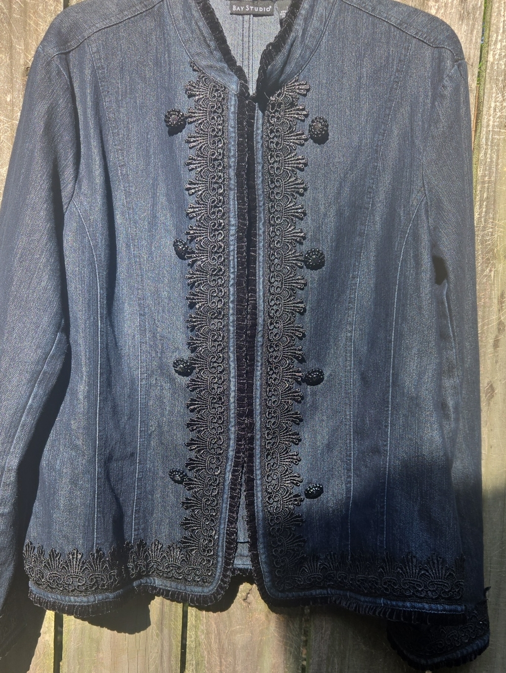 Bay Studio Denim Jacket with Black Embroidered Trim SZ. XL
